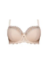 Reggiseno color beige in pizzo con ferretto, coppe lisce e rifinitura in pizzo decorativo lungo i bordi. Presenta spalline regolabili e un accento a fiocco centrale.