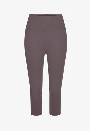 Mauve capri hlače iz raztegljivega materiala, s visokim pasom in oprijetim krojem, z gladko teksturo in brez vidnih vzorcev.