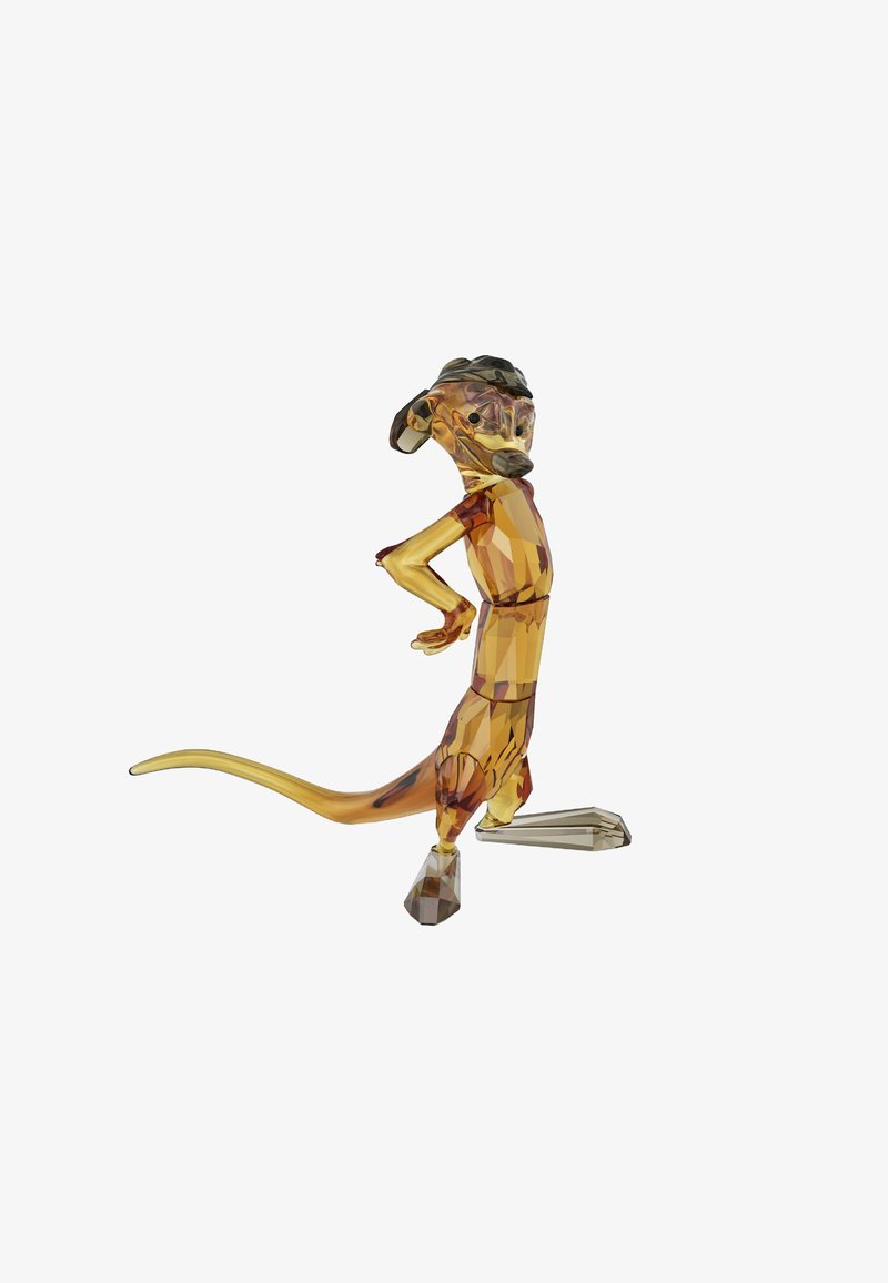 Figurita de cristal color ámbar de un suricata con un diseño geométrico, de pie con una mano en la cadera y una cola curva.