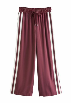 Maroon wide-leg pants made of soft fabric, featuring an elastic waistband, adjustable drawstring, and contrasting white side stripes.