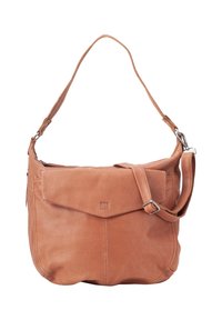 Tan leather shoulder bag with a wide strap, flat front pocket, soft texture, rounded bottom, and subtle logo detail on the flap.
