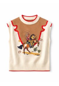 Αμάνικο πλεκτό πουλόβερ με γραφικό καουμπόι που ιππεύει άλογο, με καφέ γιακά και κόκκινο περιθώριο σε εκρού φόντο.