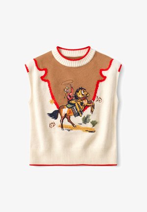 Bezroku adīts džemperis ar kovboju grafiku, kas jāj uz zirga, ar brūnu plecu daļu un sarkaniem apmalēm uz krēmkrāsas fona.