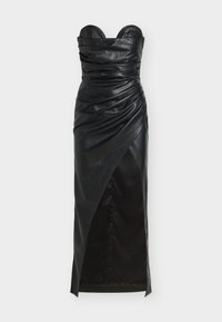 Black leather strapless dress with ruched detailing, asymmetrical hem, and smooth texture. Features structured bodice and elegant silhouette.