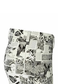 White fabric pants featuring a black comic strip pattern with bold text elements. Includes back pocket and belt loops.