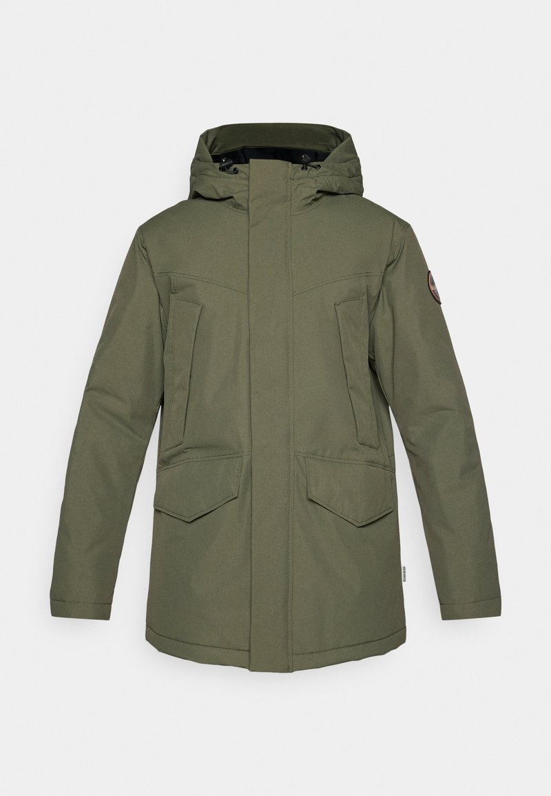 Parka olive vert avec capuche, deux poches poitrine et deux poches latérales. Fabriqué à partir d'un matériau durable avec une texture lisse.
