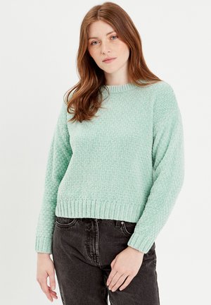 Suéter de punto texturizado en verde menta, con cuello redondo y dobladillo acanalado. Presenta mangas largas y un ajuste holgado. Combinado con jeans oscuros.