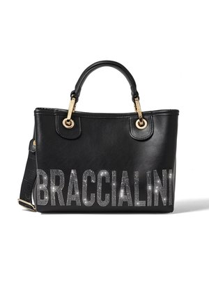 Schwarze Lederhandtasche mit zwei oberen Griffen, goldenen Beschlägen und Strassverzierung, die "BRACCIALINI" auf der Vorderseite buchstabiert. Verfügt über einen abnehmbaren Riemen.