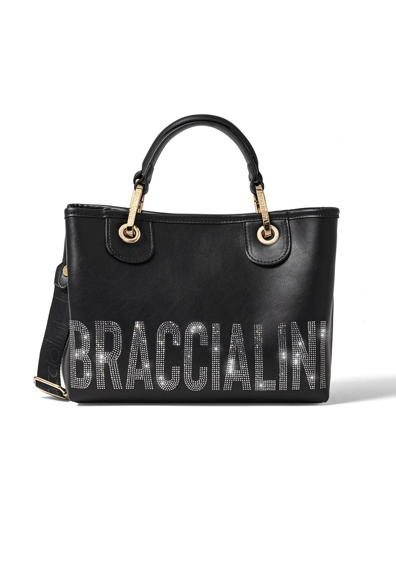 Borsa a mano in pelle nera con due manici superiori, accessori in oro e decorazione con strass che forma la scritta "BRACCIALINI" sul davanti. Include una tracolla staccabile.
