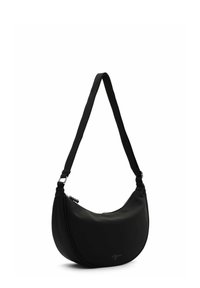 Black hobo bag with a smooth, matte finish. Features an adjustable strap, curved silhouette, and a zip closure. Minimalistic design.
