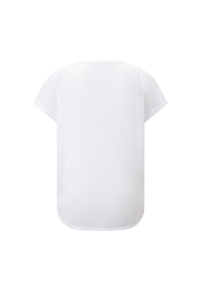 Hvid kortærmet t-shirt med rund halsudskæring og en let buet kant. Fremstillet af glat stof uden synlige mønstre eller accenter.