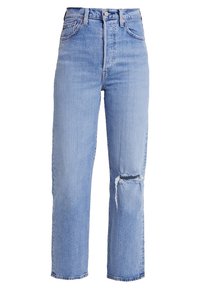 Jeans de talle alto rectos de color azul claro con cinco bolsillos y un desgarro horizontal por encima de la rodilla derecha.