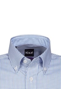 Camicia button-up a quadri blu e bianchi con colletto classico, dotata di bottoni bianchi e una texture di tessuto liscia. Etichetta visibile all'interno del colletto.