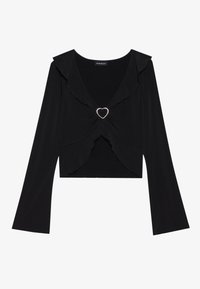 Schwarzes Cropped-Top mit langen Ärmeln, das einen tiefen V-Ausschnitt, gerafften Kragen und ein silbernes herzförmiges Detail in der Mitte aufweist. Glatte Stoffqualität.