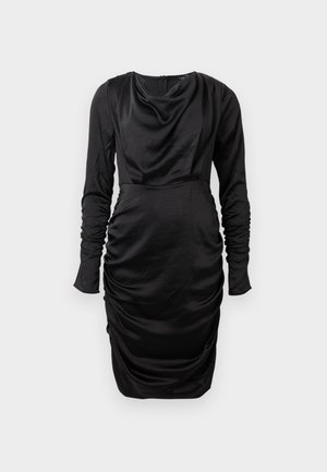 Black long-sleeve dress made of smooth material, featuring a draped neckline and ruched detailing along the sides and waist.