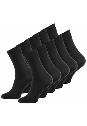 Chaussettes en coton noires, avec des bordures côtelées et un design classique de type crew. L'ensemble comprend plusieurs paires avec une texture lisse et un ajustement élastique.