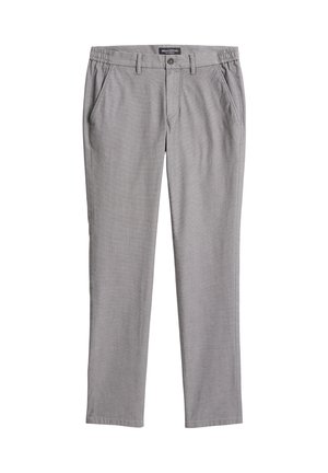 Grijze broek met een losse pasvorm, elastische tailleband, zijzakken en een gladde textuur. Heeft een knoopsluiting en een subtiel stofpatroon.