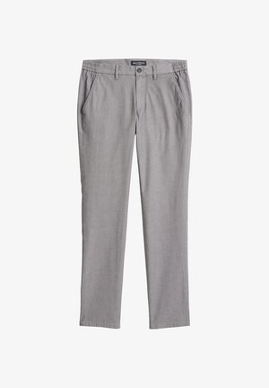 Szare spodnie o luźnym kroju, z elastycznym paskiem w talii, kieszeniami po bokach i gładką fakturą. Posiadają zapięcie na guzik oraz subtelny wzór tkaniny.