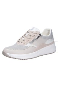 Beige and gray sneaker with mesh and leather upper, round toe, flat white sole, lace-up closure, and side zipper detail.