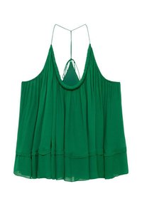 Haut halter vert sans manches avec un ourlet à volants en cascades et de fines bretelles se nouant à l'arrière, fabriqué en tissu léger et fluide.
