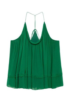 Haut halter vert sans manches avec un ourlet à volants en cascades et de fines bretelles se nouant à l'arrière, fabriqué en tissu léger et fluide.