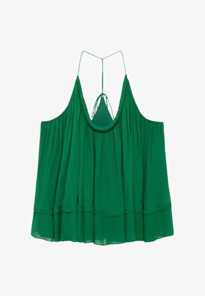 Green sleeveless halter top with ruffled, tiered hem and thin straps tying at the back, made of lightweight, flowing fabric.