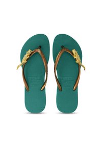 Tongs turquoise avec semelle texturée, brides marron et accents dorés en lézard. Présente un logo sur la semelle. Taille EUR 37/38.