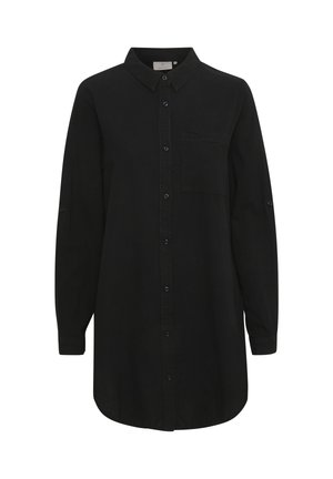 Robe chemise noire à manches longues avec col, boutonnée sur le devant, poche poitrine et manches retroussées avec pattes boutonnées.