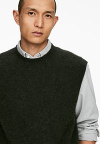 Asiatischer Mann trägt einen dunklen, flauschigen ärmellosen Pullover über einem hellgrauen Hemd mit hochgekrempelten Ärmeln vor einem weißen Hintergrund.