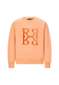 Brzoskwiniowy sweatshirt wykonany z miękkiego materiału, z dużym odblaskowym logo, ściągaczami na rękawach i zaokrąglonym dekoltem.