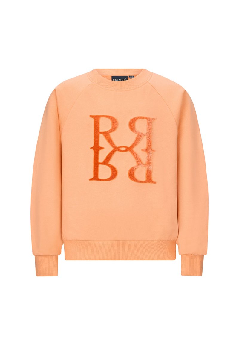Brzoskwiniowy sweatshirt wykonany z miękkiego materiału, z dużym odblaskowym logo, ściągaczami na rękawach i zaokrąglonym dekoltem.