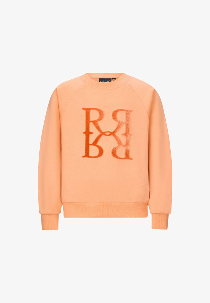 Brzoskwiniowy sweatshirt wykonany z miękkiego materiału, z dużym odblaskowym logo, ściągaczami na rękawach i zaokrąglonym dekoltem.