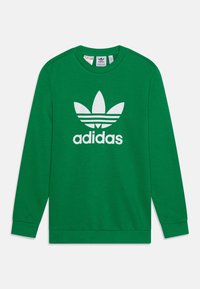 Green sweatshirt made of cotton, featuring a white adidas logo and three horizontal stripes design across the chest. Long sleeves and ribbed cuffs.