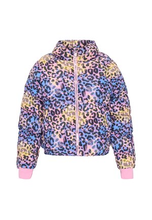 Giacca imbottita con un motivo a stampa leopardata multicolore nei toni del rosa, blu e giallo, con zip e polsini rosa.