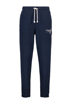 Marineblaue Jogginghosen aus weichem Material mit einem Kordelzugbund, gerippten Bündchen und weißer gestickter Markenlogo auf der Vorderseite.