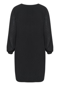 Robe noire avec un décolleté arrondi, des manches bouffantes trois quarts et un tissu texturé avec de subtils motifs en points tout au long.