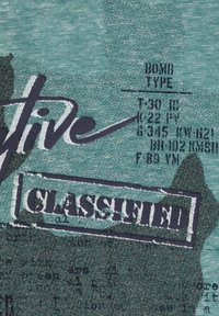 Canvas med en texturerad bakgrund i teal, med svart text. Anmärkningsvärda detaljer inkluderar ordet "KATEGORISERAD" i en fet, inramad stil.