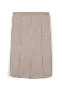 Gonna a tubino color beige con un tessuto testurizzato, caratterizzata da due pieghe frontali, una silhouette aderente e una vita con delicati dettagli di cucitura.