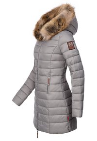 Gray puffer jacket with a faux fur-lined hood, zippered front, and ribbed accents. Features a branded patch on the left sleeve.