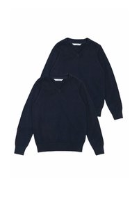 Deux pulls v-neck bleu marine en matériau tricoté, avec des manches longues et des poignets et un ourlet côtelés. Design simple et uni.
