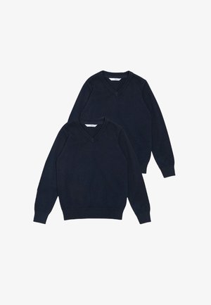 Dvé námořnických modrých svetrů s výstřihem do V, vyrobených z pleteného materiálu, s dlouhými rukávy a žebrovanými manžetami a lemem. Jednoduchý design v jedné barvě.