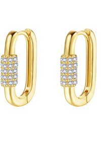 Pendientes de metal color oro en forma de aros alargados, con una sección central adornada con brillantes de strass y acentos redondos.