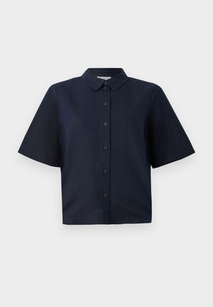 Dark blue short-sleeve shirt made of lightweight fabric, featuring a button-up front and a classic point collar.