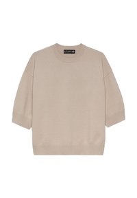 Beige gebreide trui met een ronde halslijn, korte mouwen, geribbelde manchetten en zoom. Gemaakt van zachte stof en met een relaxte pasvorm.