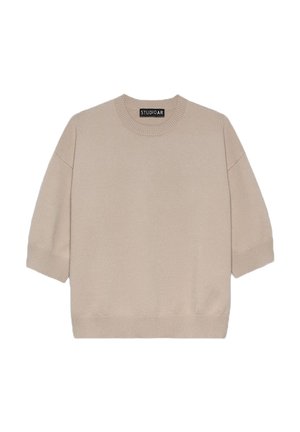 Maglione beige lavorato a maglia con scollo rotondo, maniche corte, polsini e orlo a costine. Realizzato in tessuto morbido, presenta una vestibilità comoda.
