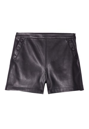 Black faux leather shorts with side pockets, featuring large circular buttons on each side and a smooth, shiny texture.