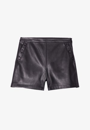 Black faux leather shorts with side pockets, featuring large circular buttons on each side and a smooth, shiny texture.