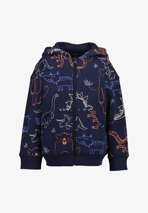 Granatowa dziecięca bluza z kapturem z pomarańczowymi i białymi wzorami dinozaura, niedźwiedzia i wilka, z przodu zamek błyskawiczny, kaptur i kieszenie kangurze.