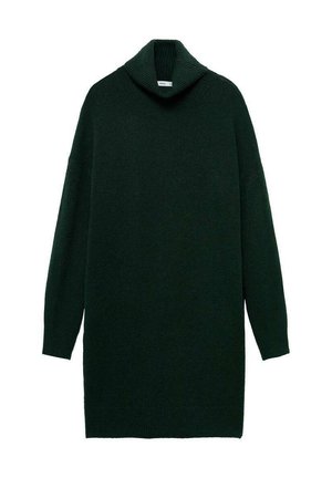 Robe tricotée à manches longues de couleur vert foncé, avec un col roulé à côtes épaisses et un ourlet à côtes.