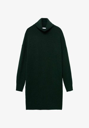 Dunkelgrünes Strickkleid mit langen Ärmeln, einem dicken, gerippten Rollkragen und geripptem Saum.